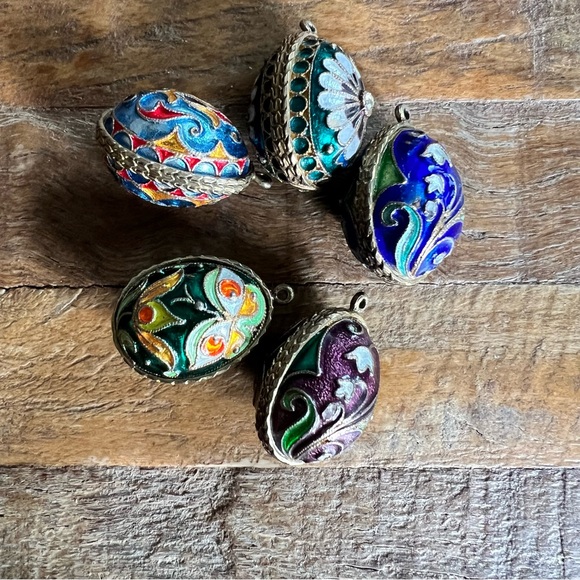 5 Antique Russian Imperial Filigree Enamel Silver Egg Pendant Charms - Picture 2 of 11